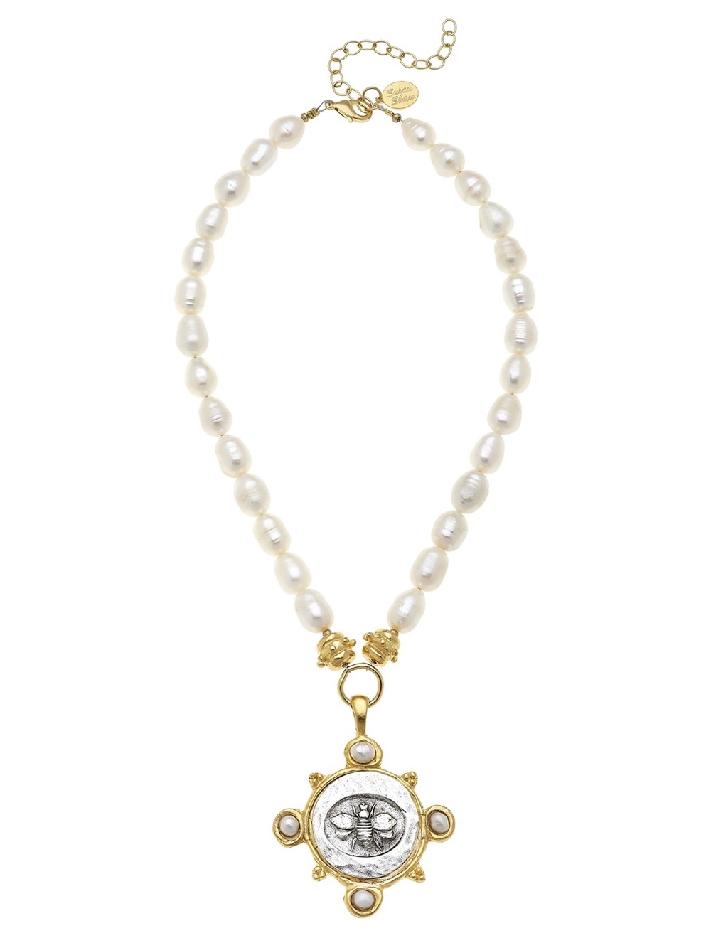 Gold & White Pearl bee pendant